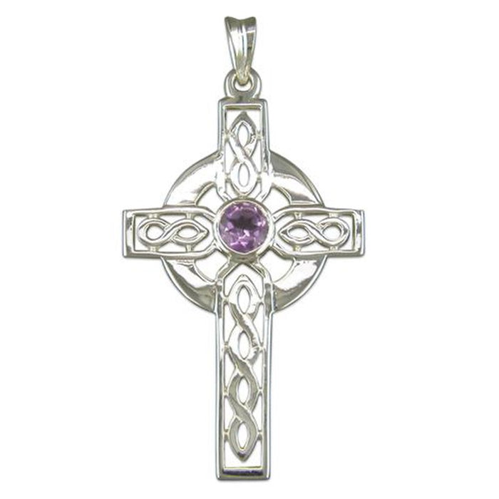 Celtic Cross With Amethyst 44mm High Sterling Silver Pendant