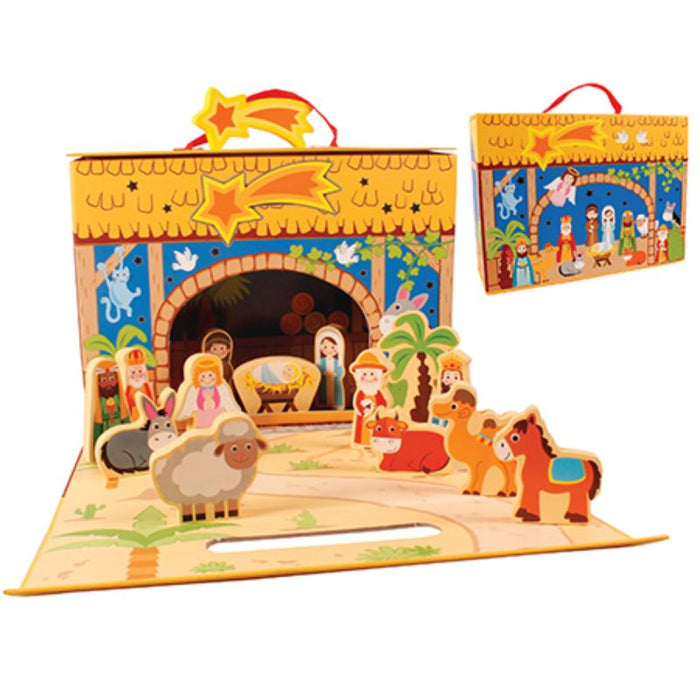 Children's Nativity Crib Set, 13 Moveable Wooden Figures 6.5cm - 2.75 Inches High With Fold Out Stable