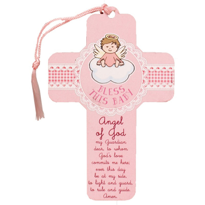 Bless This Baby, Pink Wooden Cross 13cm / 5 Inches High