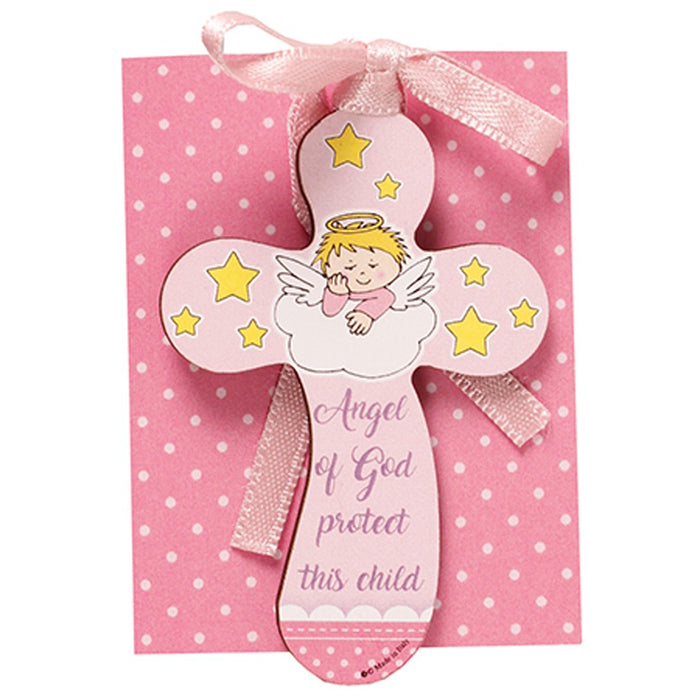Guardian Angel, Pink Wooden Cross 7.5cm / 3 Inches High
