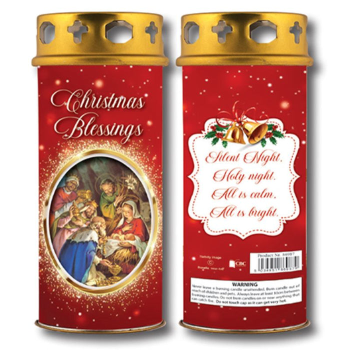 Christmas Candle, Christmas Blessings Silent Night 16.5cm High With Windproof Top