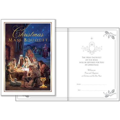 Catholic Mass Cards, Christmas Mass Bouquet Greetings Card, Nativity Scene Design