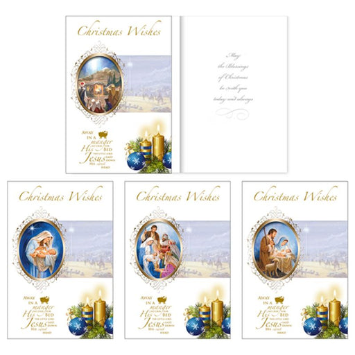 Christian Christmas Cards, 16 Christmas Cards 4 Designs, Christmas Wishes Away In A Manager Gold Foil Stamped