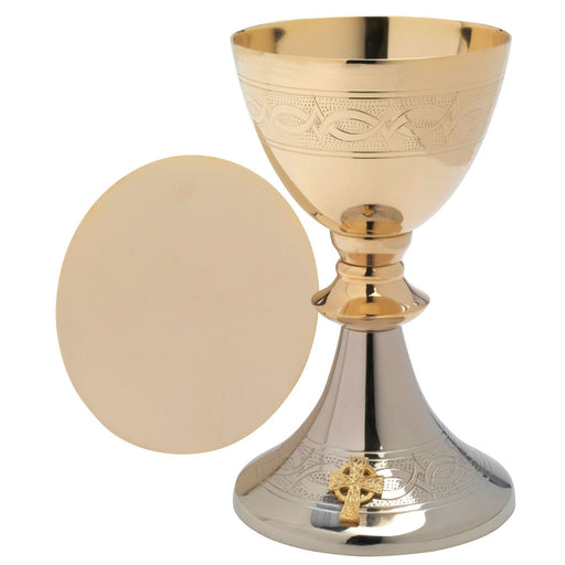 Church Supplies, Church Chalice and Paten Ichthys Design Gold & Silver Plated Chalice 20cm high, Chalice holds 16fl oz