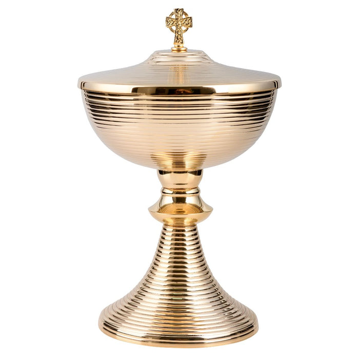 Church Supplies, Ciborium Gold Plated Contemporary Ribbed Design 24cm high, Holds 200 Plus Peoples Hosts