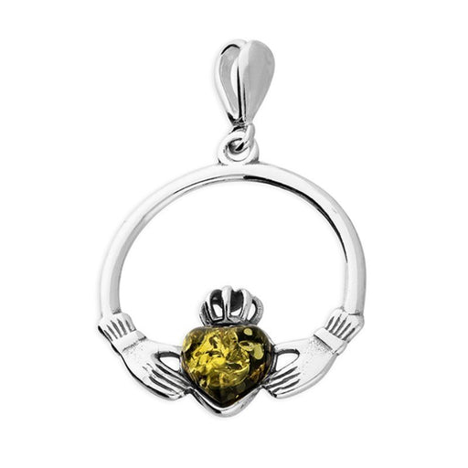 Claddagh, Large Sterling Silver Pendant With Green Amber Stone 22mm Diameter