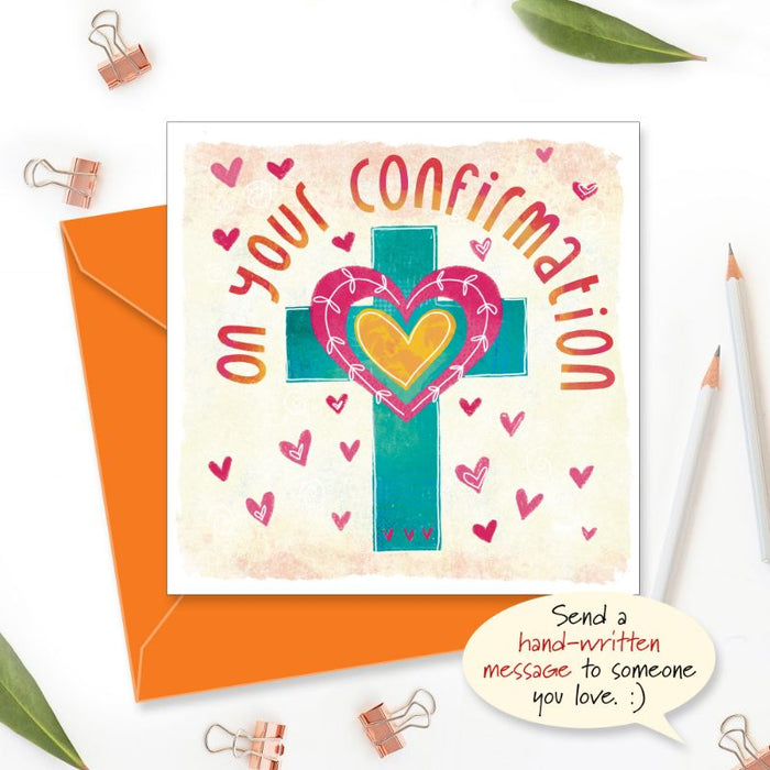 Confirmation Day Greetings Card, Cross and Heart Design With Bible Verse Inside Psalm 150:1