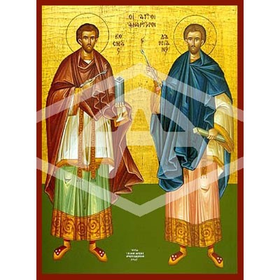 Cosmas and Damian, Mounted Icon Print Size: 20cm x 26cm