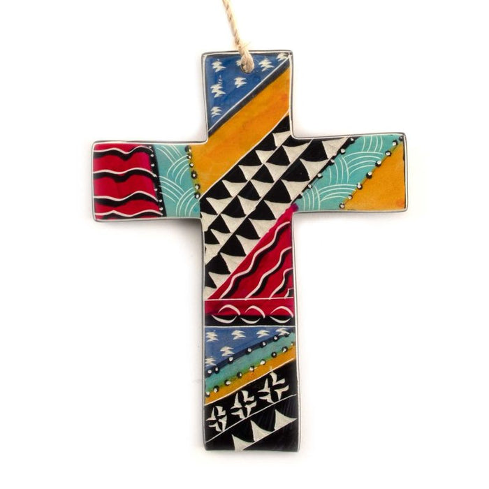 Cross, Hand Decorated Multi Coloured Design On Soapstone 10.5cm / 4.25 Inches High