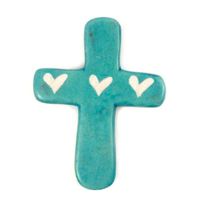Holding Cross, Handcarved Soapstone Turquoise Blue Heart Design 8cm / 3 Inches High