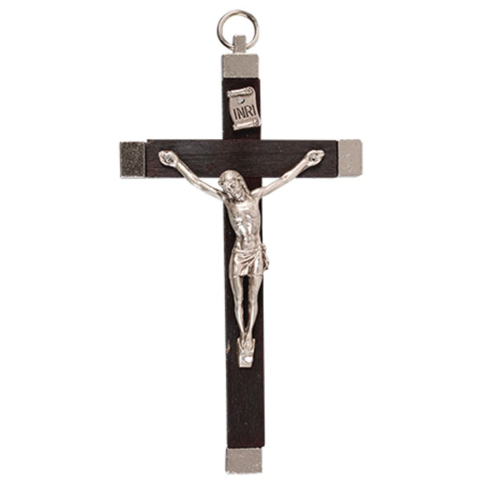 Metal Crucifix - With Wooden InIay, 11.5cm / 4.5 Inches High