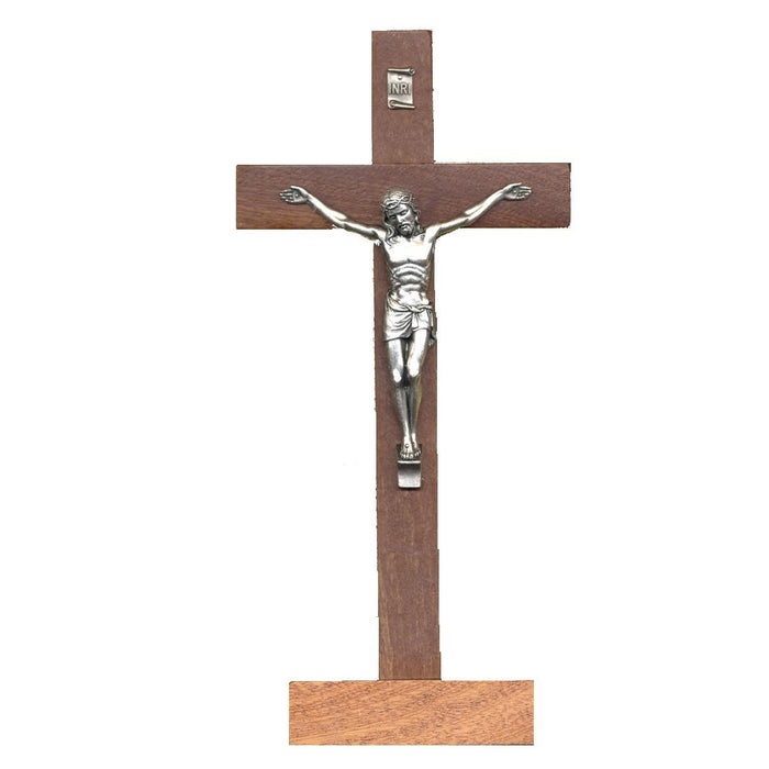 Standing Mahogany Wood Crucifix With Metal Figure 8.5 Inches High