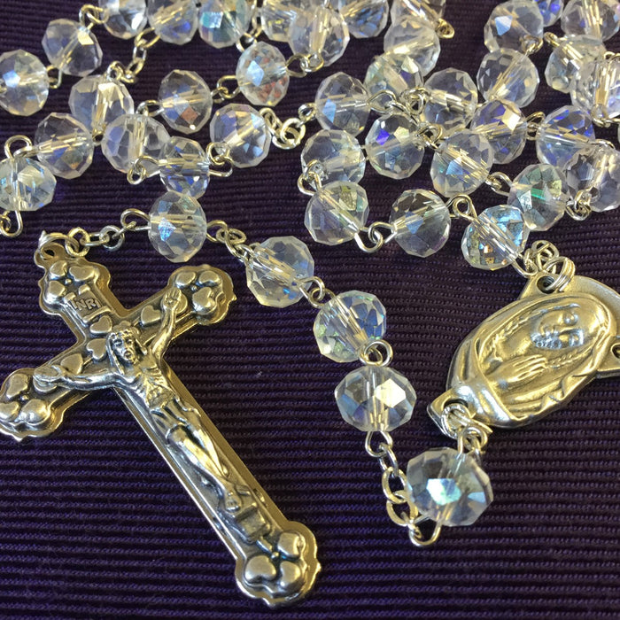 Crystal Glass Rosary With Tin Cut Beads, Bead Size 5mm x 8mm