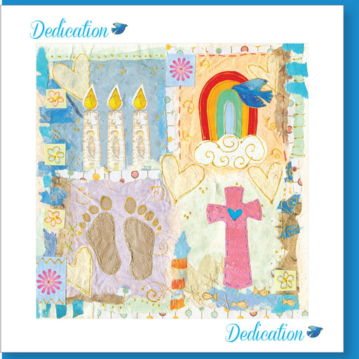Christian Dedication Day Greetings Card Cross & Rainbow Design, With Bible Verse