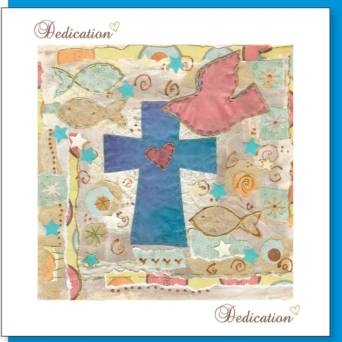 Christian Dedication Greetings Card Blue Cross Design, With Bible Verse