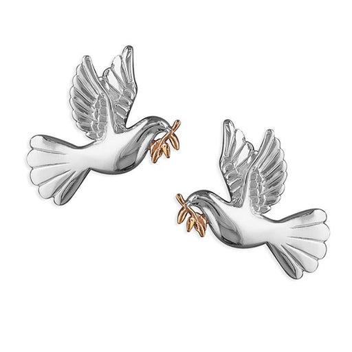 Dove Of Peace, Two Tone Sterling Silver & Gold Plate Stud Earrings 17mm Wide