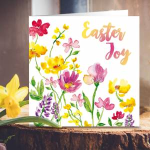 Easter Greetings Cards Pack of 5 Easter Joy Flowers, With Bible Verse On the Inside Psalm 136:1