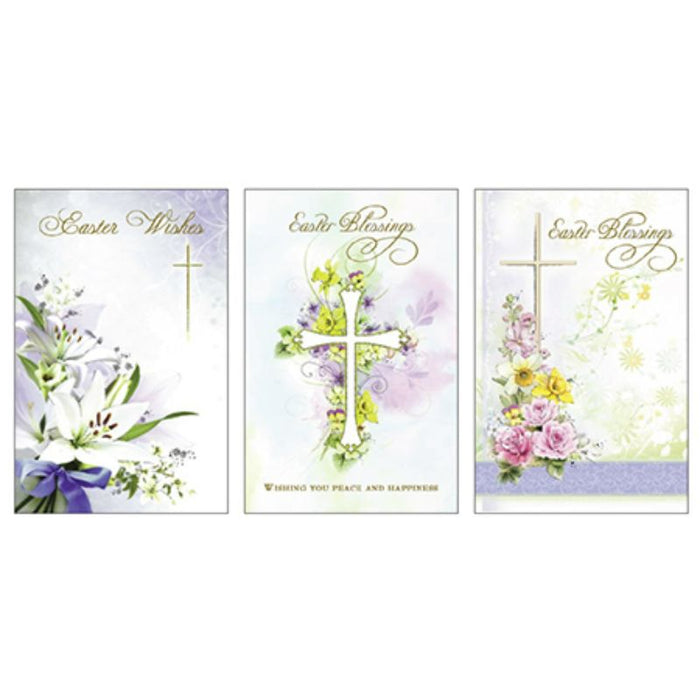 Easter Blessings, Pack of 12 Easter Greetings Cards With 3 Different Plain Cross Designs