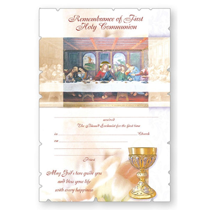 First Holy Communion Certificate, Pack of 10 Last Supper Design Size 18 x 27cm VERY LIMITED STOCK