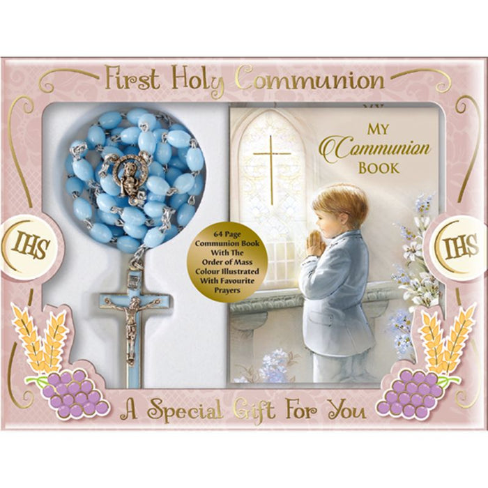 First Holy Communion Gift Set For a Boy, A Special Gift For You with Prayer Book & Strong Blue Rosary Beads
