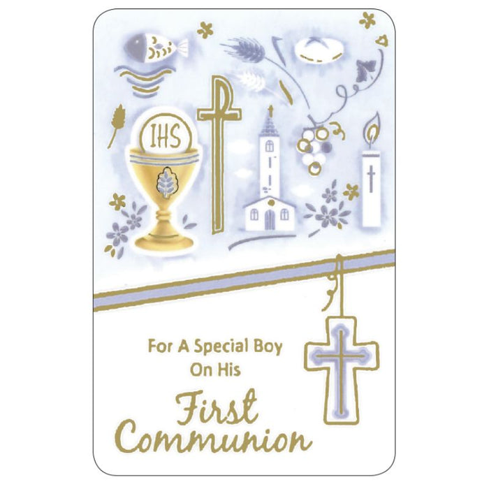For A Special Boy On His First Communion, Laminated Prayer Card With Blue Cross