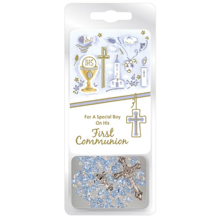 For A Special Boy On His First Holy Communion, Blue Rosary Beads With Laminated Prayer Card