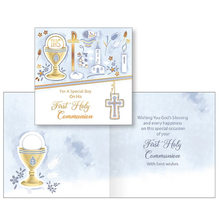 For A Special Boy On His First Holy Communion, Handcrafted Gold Embossed Greetings Card