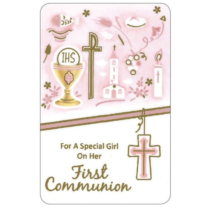 For A Special Girl On Her First Communion, Laminated Prayer Card With Pink Cross