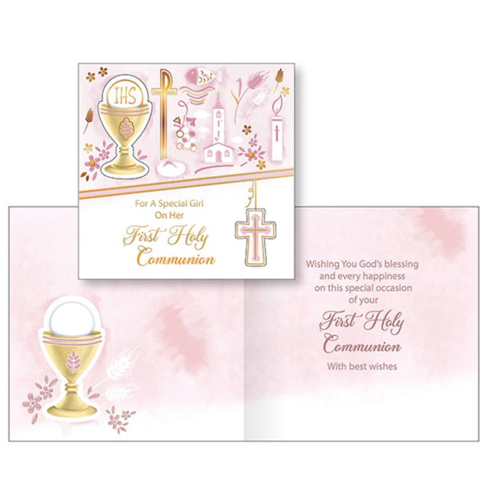 For A Special Girl On Her First Holy Communion, Handcrafted Gold Embossed Greetings Card