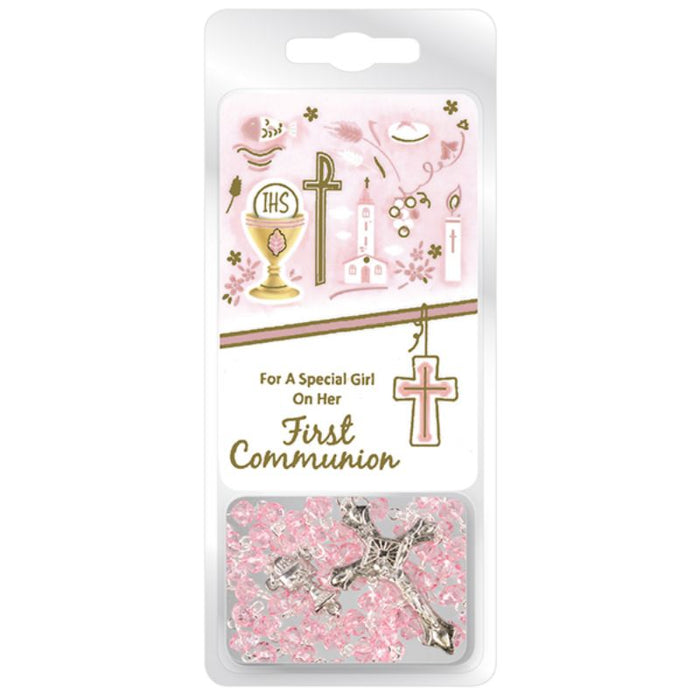 For A Special Girl On Her First Holy Communion, Pink Rosary Beads With Laminated Prayer Card
