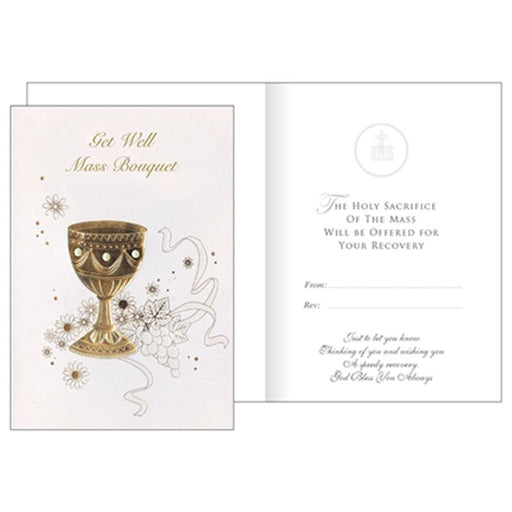 Catholic Mass Cards, Get Well Mass Bouquet Greetings Card, Gold Chalice With Imitation Pearls
