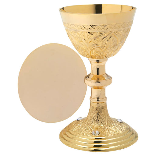 Church Supplies, Chalice and Paten Gold Plated With Crystal Stones 21cm high, Chalice holds 14fl oz