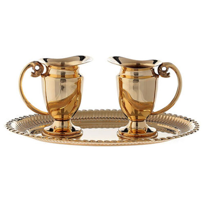 Gold Plated Engraved Brass Cruets & Tray, Each Ewer Holds 100ml