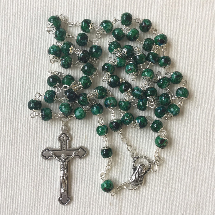 Green Glass Rosary 6mm Diameter Beads Individually Capped