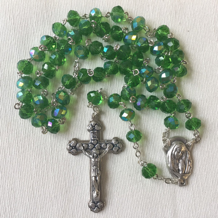 Green Glass Rosary With Tin Cut Beads, Bead Size 5mm x 8mm
