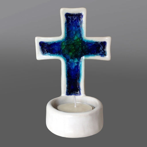 Contempoary Christian Pottery, Handmade Blue Glass Ceramic Candle Holder, 12.8cm - 5 Inches High
