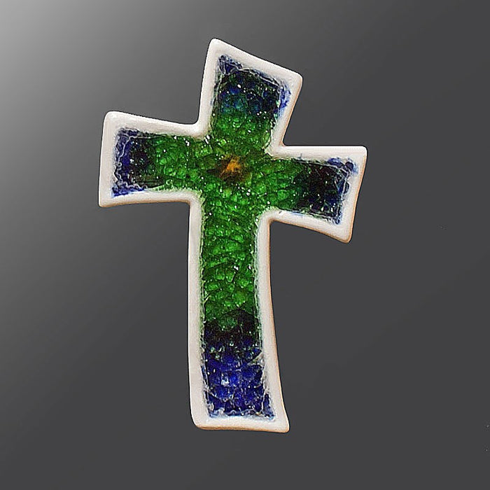 Contempoary Christian Ceramics, Handmade Curved Design, Blue Glass Glazed Ceramic Cross 17.5cm - 6.75 Inches High