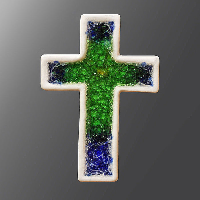 Blue and Green Glazed Ceramic Cross, 12.5cm / 5 Inches High Handmade In The UK