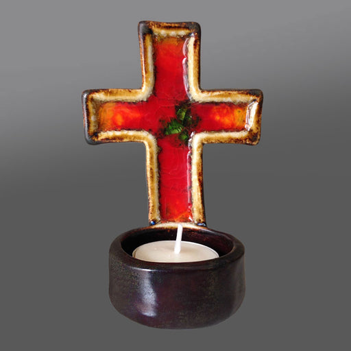 Handmade Red Glass Glazed Ceramic, Candle Holder or Holy Water Holder 12.8cm - 5 Inches High