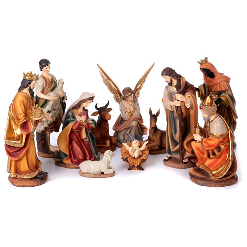 Nativity Crib Figures 30cm / 12 Inches High, Set of 11 Handpainted Resin Figures With Gold Highlights