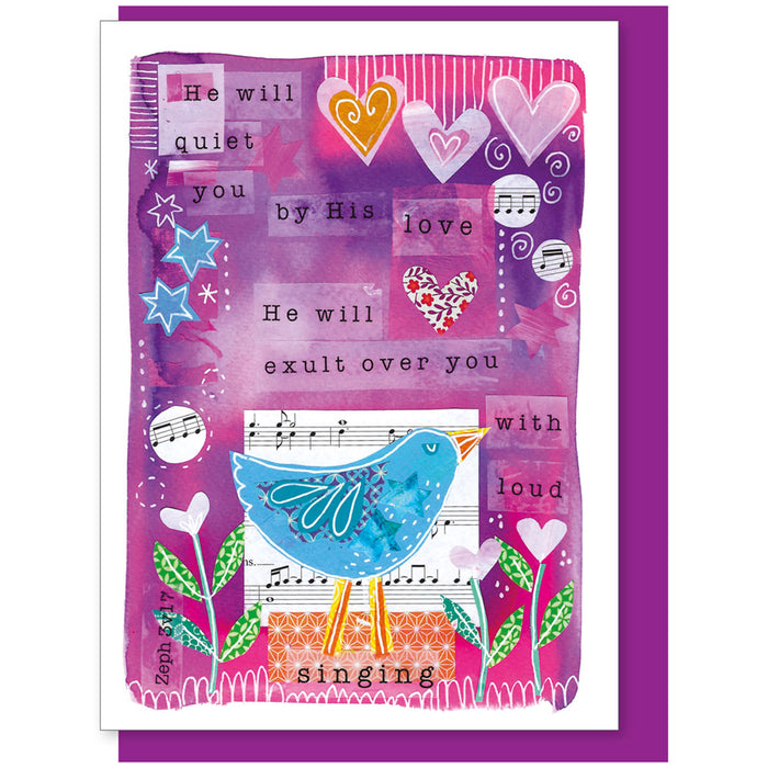 Words of Encouragement Christian Bible Cards, He Will Quiet You By His Love, Zephaniah 3:17 Greetings Card