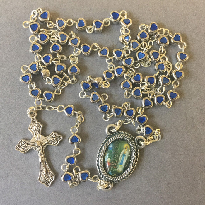 Our Lady of Lourdes, Blue Enamelled Heart Shaped Rosary Beads