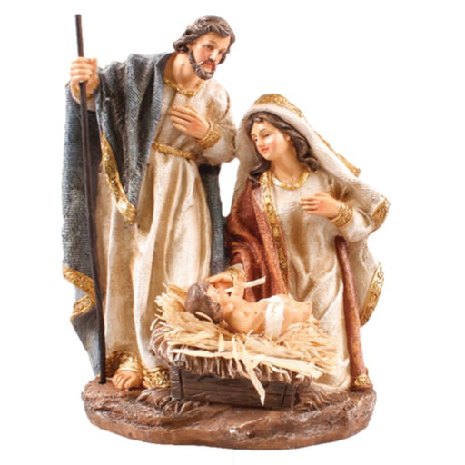 Christmas Crib Figures, Holy Family Nativity Crib Figures, Hand Painted With Real Straw In The Crib Bed 20cm - 8 Inches High Resin Cast