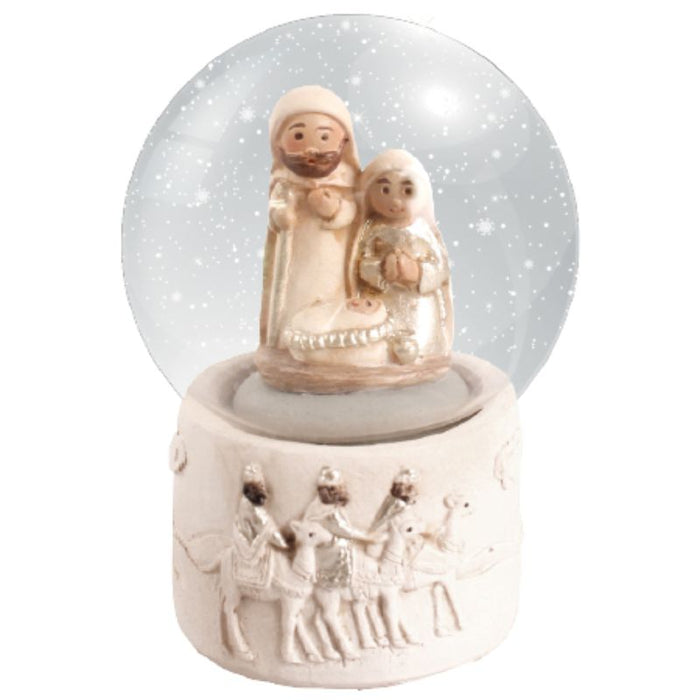 Holy Family Snow Globe, Pearlised White Finish with Gold Highlights 6.5cm High