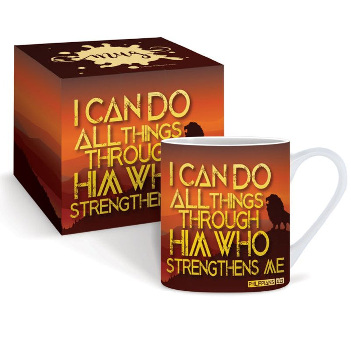 I can do all things through Him who strengthens me, Gift Boxed Bone China Mug With Bible Verse Philippians 4:13 Size 9cm / 3.5 Inches High