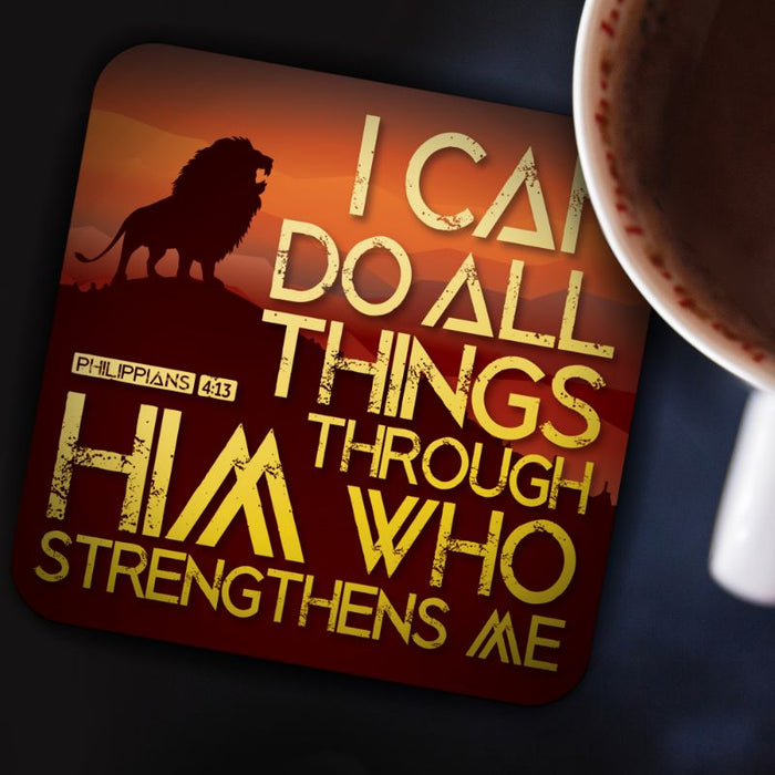 I Can do all Things Through Him Who Strengthens Me, Coaster With Bible Verse Philippians 4:13 Size 9.5cm / 3.75 Inches Square