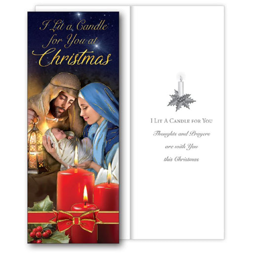Christian Christmas Cards,I Lit A Candle For You At Christmas, Holy Family Red Candle & Bow Design Single Greetings Card