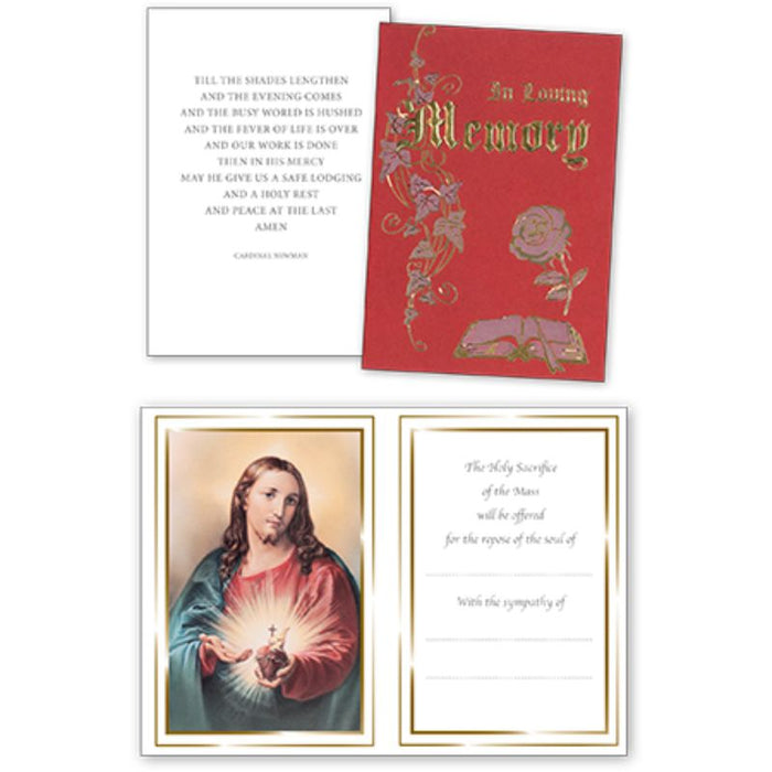 Catholic Mass Cards, In Loving Memory Mass Greetings Card, Embossed Gold Foil Cover With Sacred Heart of Jesus Full Colour Insert
