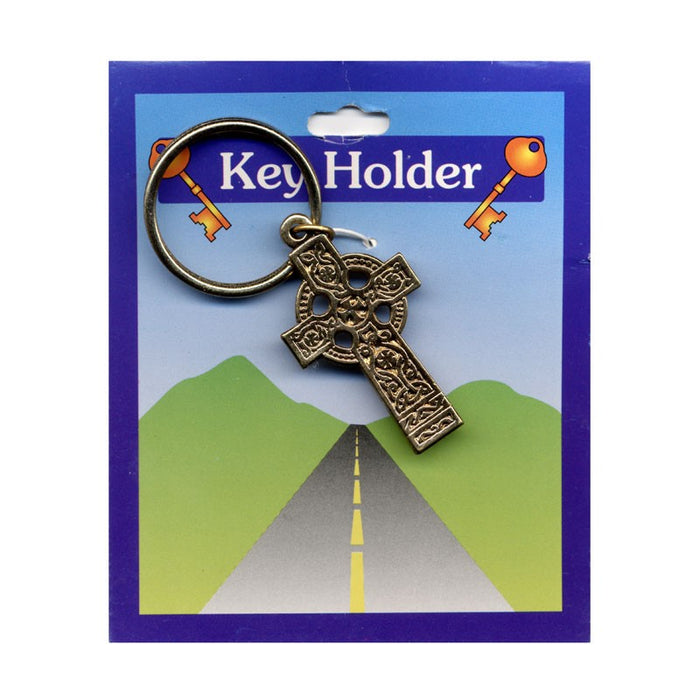 Celtic Cross Keyring, Gold Coloured Metal Cross 1.75 Inches High