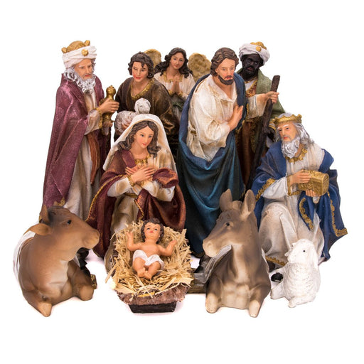 Christmas Crib Figures, Nativity Crib Figures 30cm - 12 Inches High, Set of 11 Hand Painted Textured Resin Figures With Gold Highlights